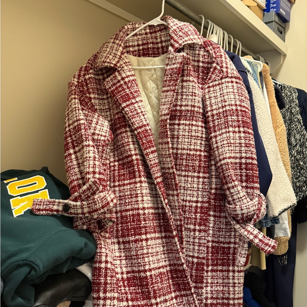 Plaid Red and White Women's Coat